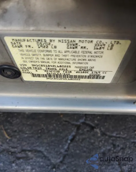 2002 Nissan Sentra Xe z USA, uszkodzony, nr VIN 3N1CB51D42L680225